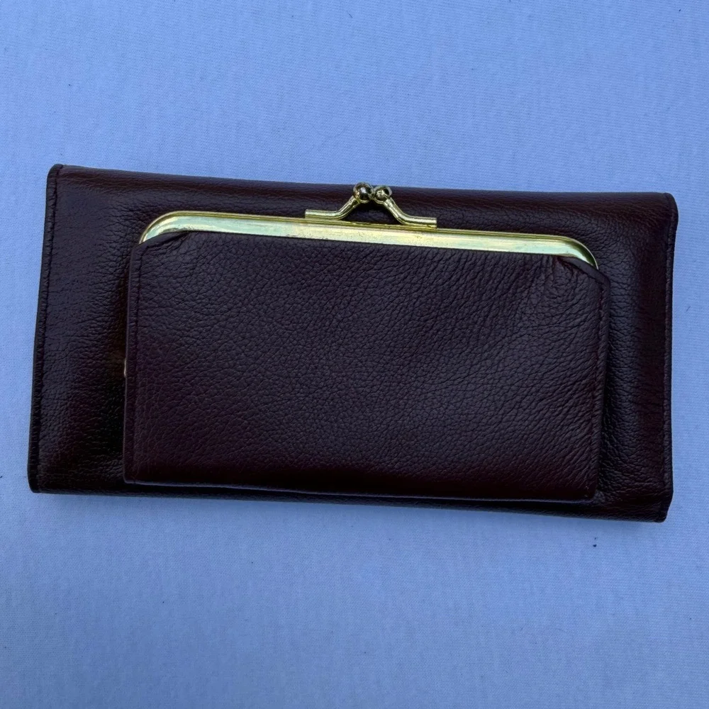 Buxton Burgundy Genuine Leather Clutch Wallet Kiss Lock Coin Pouch Vintage Style